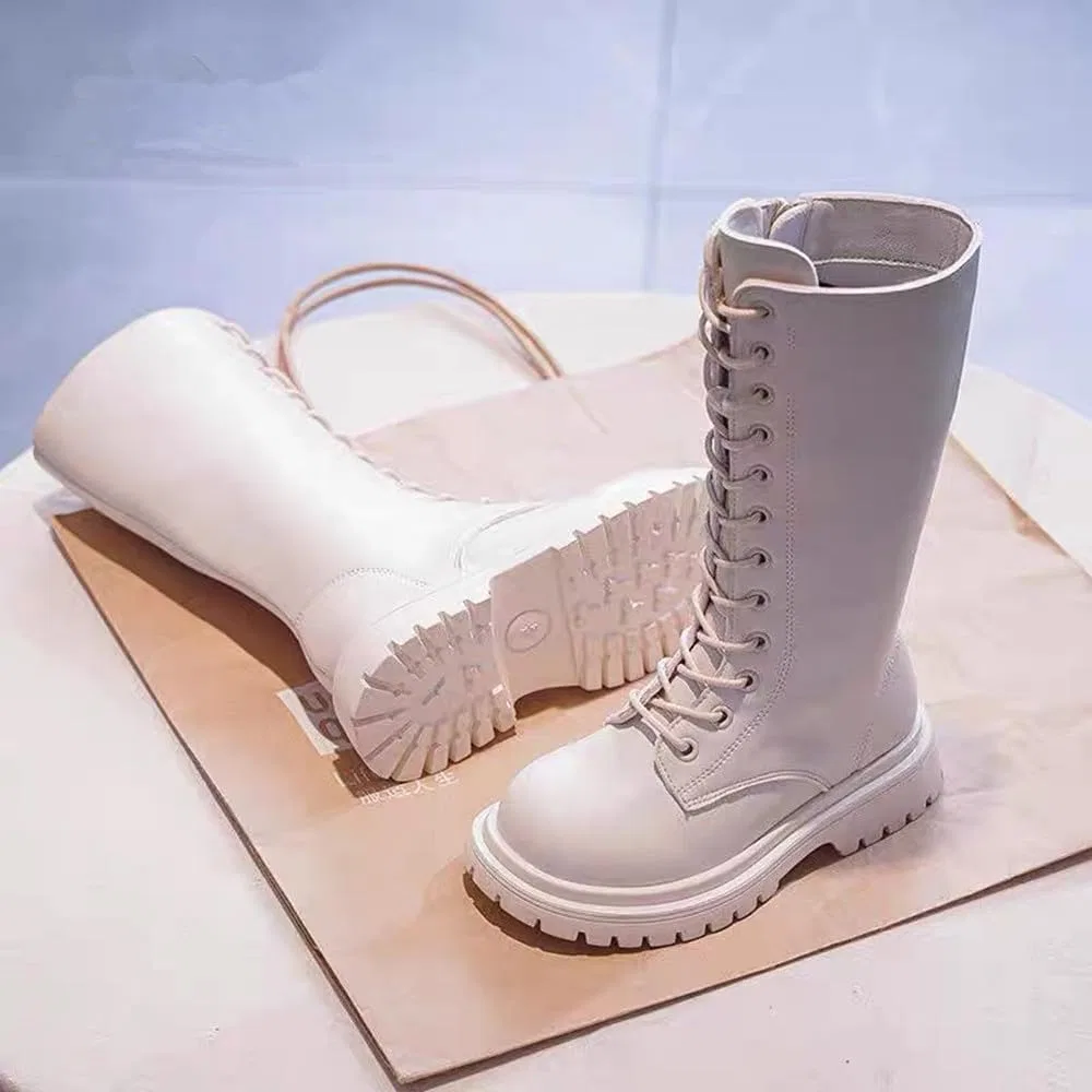 Детские кожаные сапоги для девочек на шнуровке с молнией BININBOX, White-Conventional Lined — фото 3