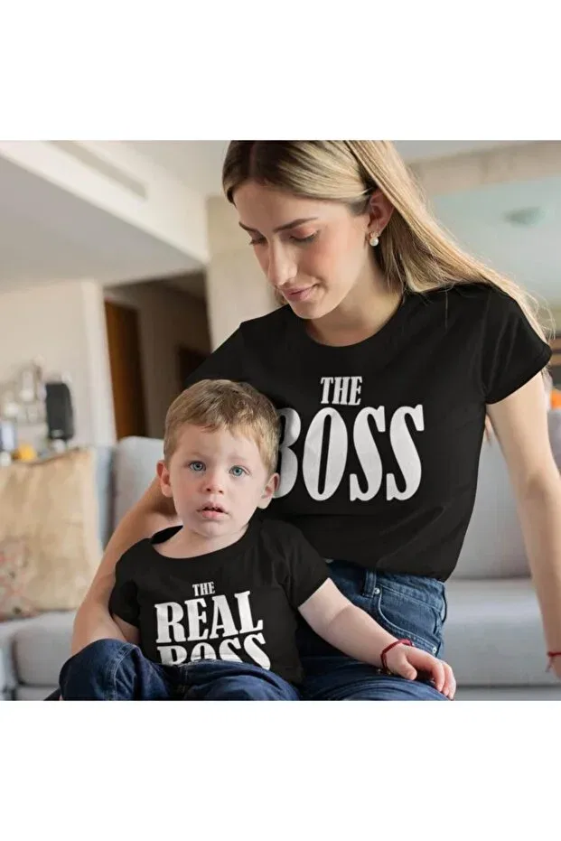Детский комплект футболок с принтом Mother Son The Boss Hediyemania, Black