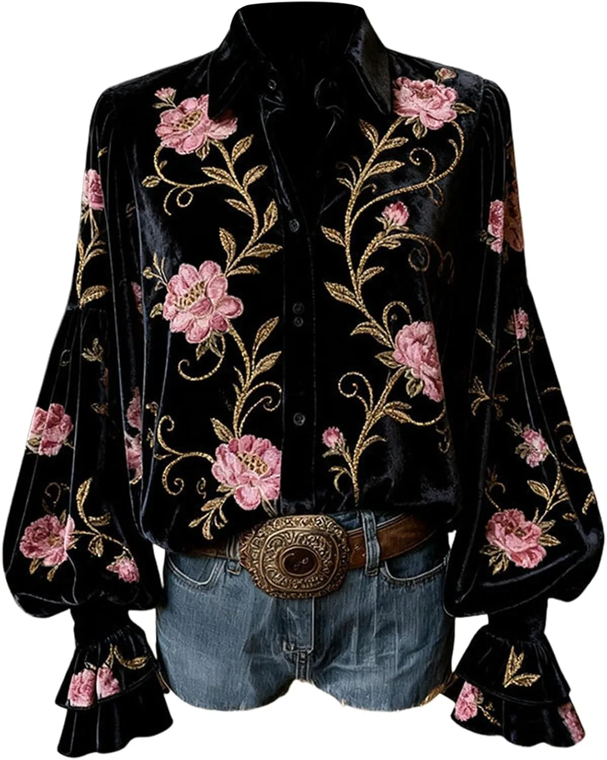 Женская блуза с цветочной вышивкой и рюшами, Vintage Flower Embroidery, чёрный — фото 2