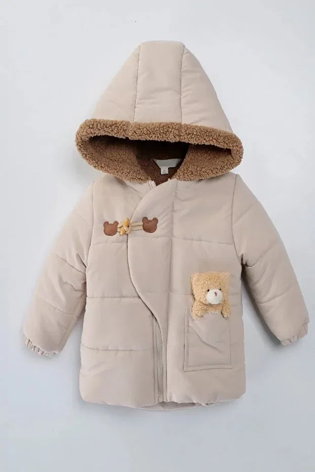 Детское зимнее пальто для девочек с капюшоном Teddy bear plush fur inside zippered pocket hooded soft snow winter girl boy baby coat children's coat Mdm, Beige