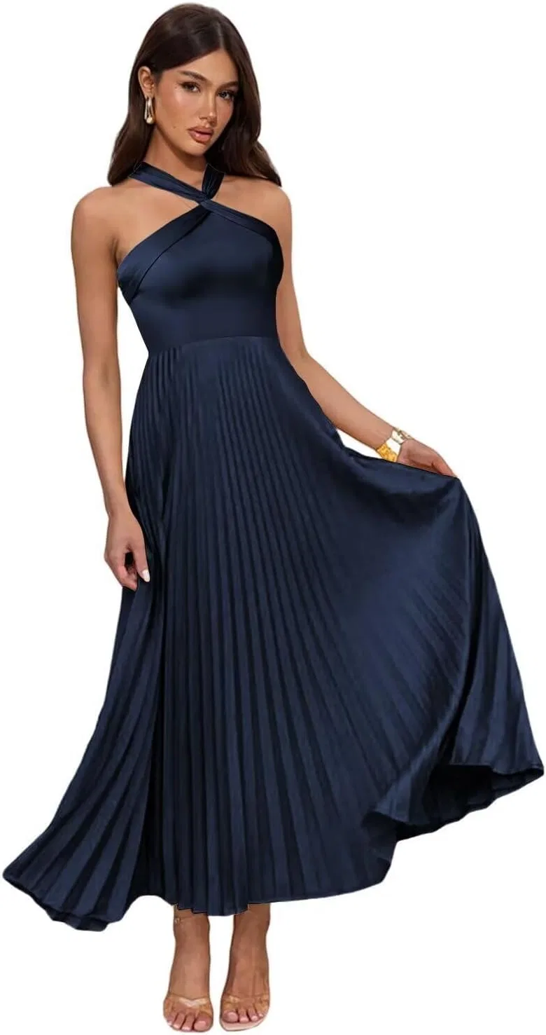 Женское вечернее платье с запа́хом на шее из сатина A-line YH105, Navy Blue