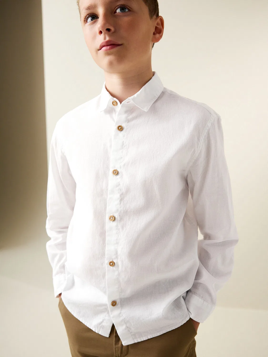 Рубашка свободного кроя из смесового льна, White Long Sleeve Relaxed Linen Blend Shirt Next, белый