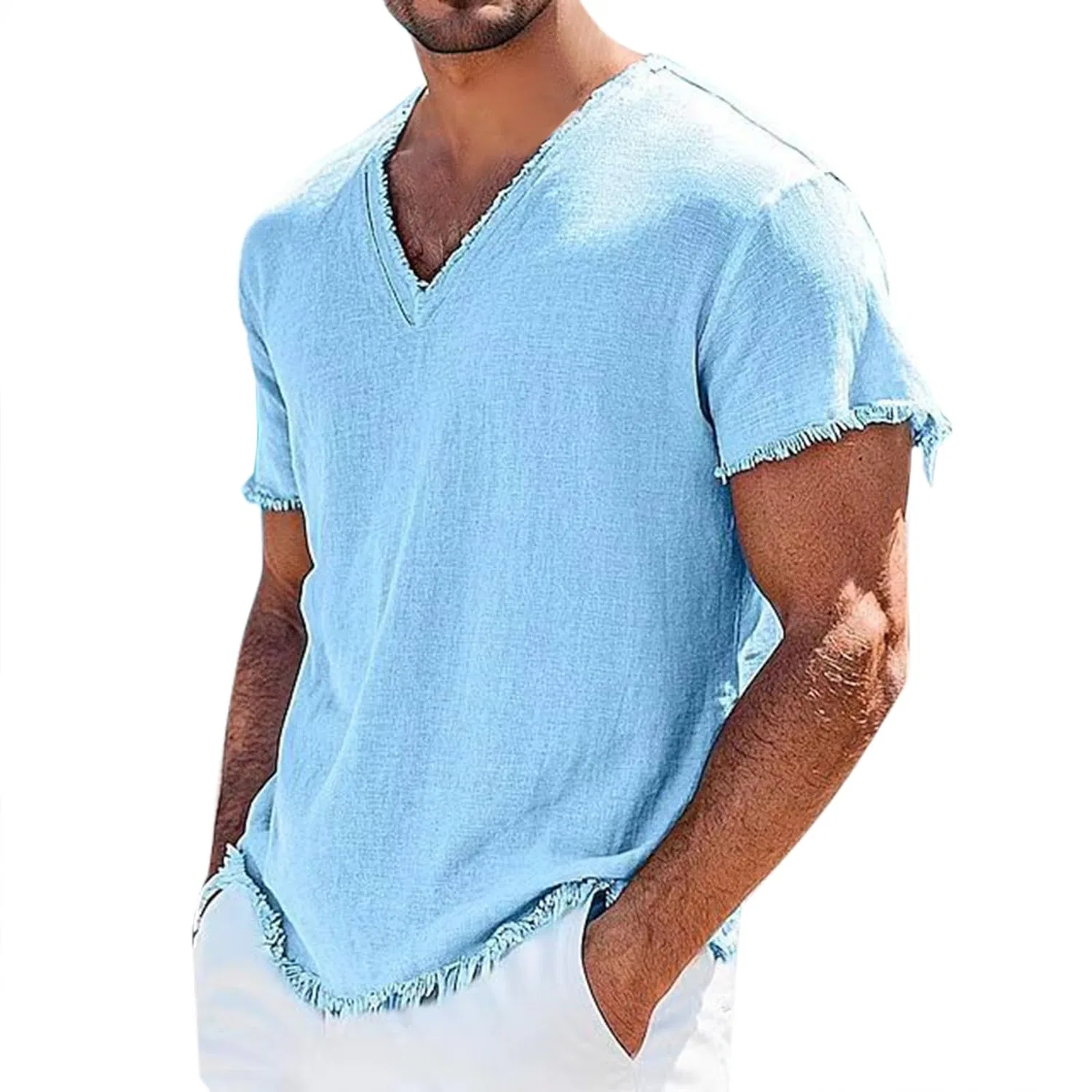 Мужская льняная рубашка с V-образным вырезом и коротким рукавом, B2-light Blue