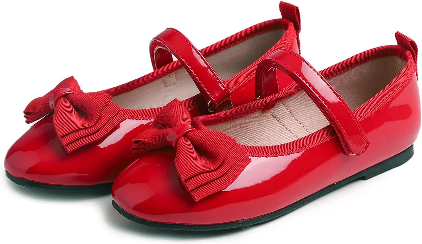 Детские балетки для девочек с принтом FEVERSOLE, Red Patent Vegan Leather Bow Tie Loop Maryjane — фото 4