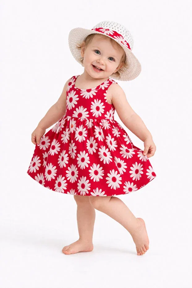 Детское платье для девочек с принтом Sweet baby girl daisy patterned style dress with hat summer combination Chicsy Baby, Red — фото 4
