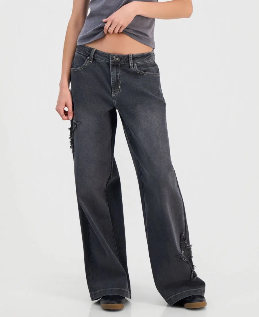 Джинсы с завышенной талией и принтом звезд, модель Star Patch High Rise Wide Leg Jeans Madden Girl, Washed Black