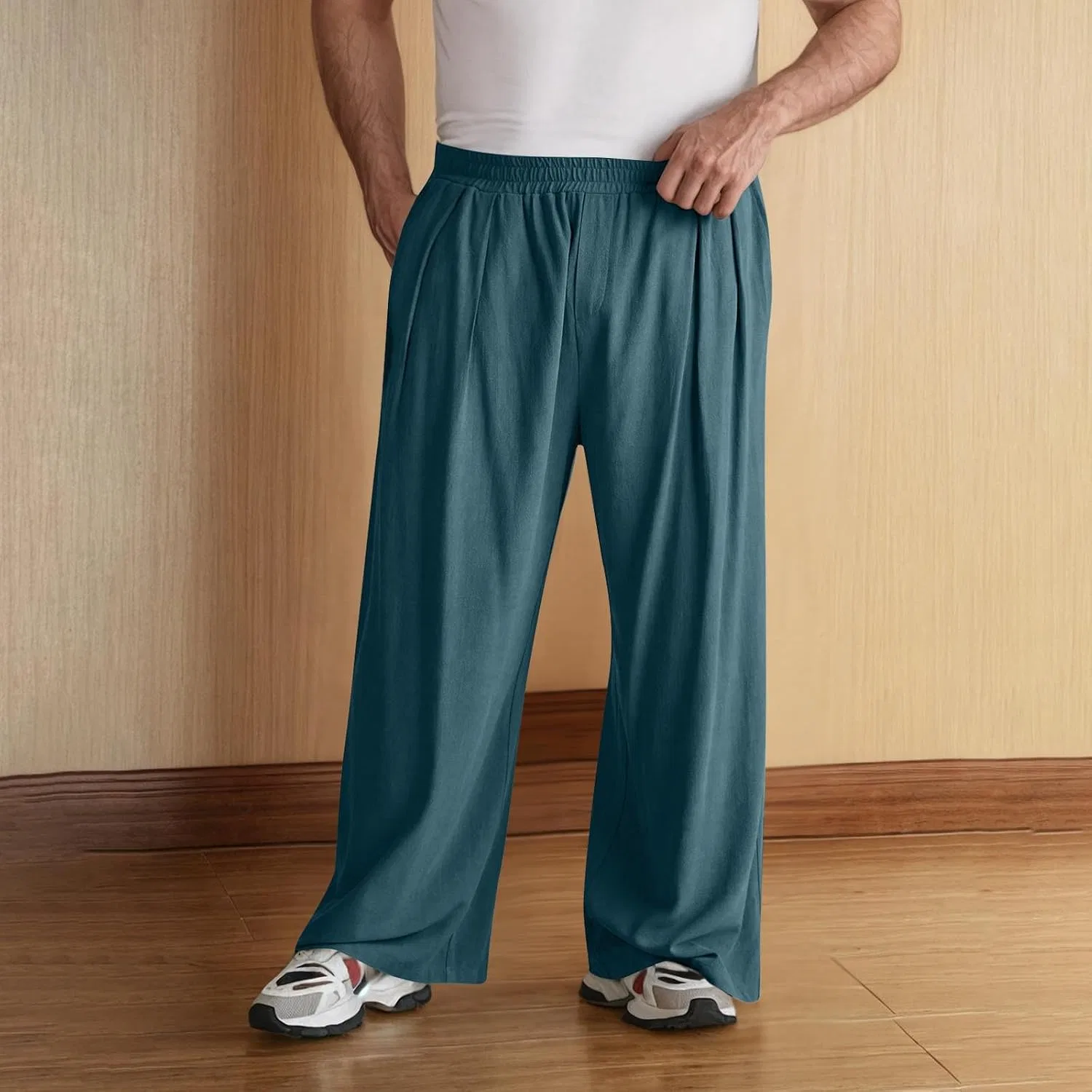 Мужские свободные брюки из хлопка и льна, Wide Leg Baggy Trousers, синий — фото 3