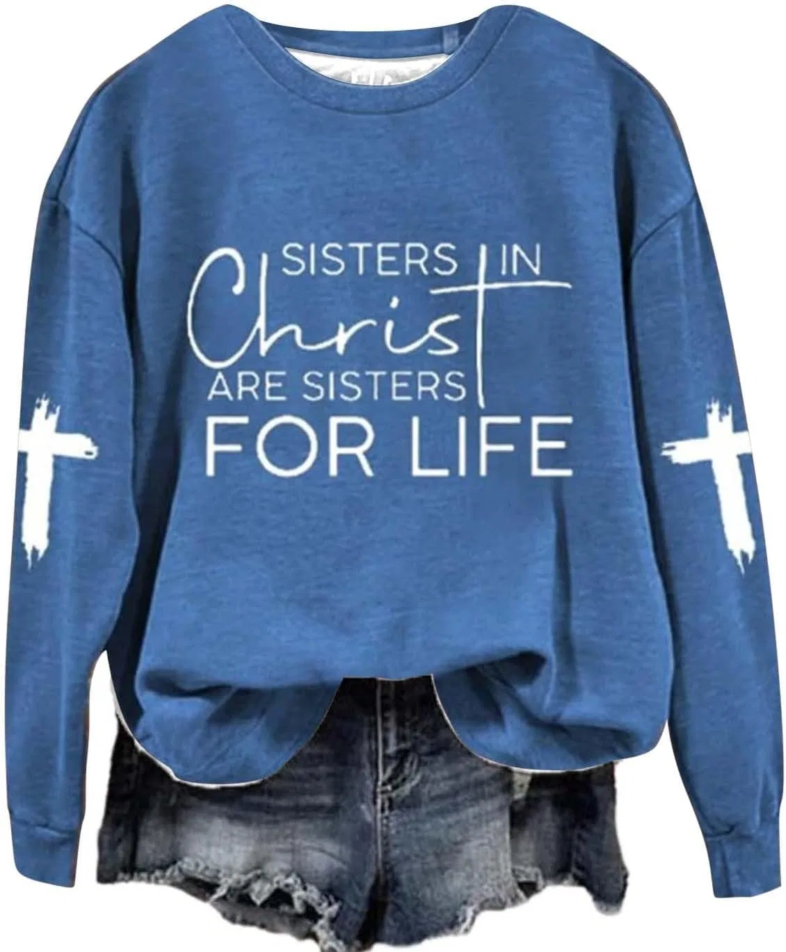 Женский свитшот с длинным рукавом, Sisters In Christ Are Sisters For Life, синий — фото 2