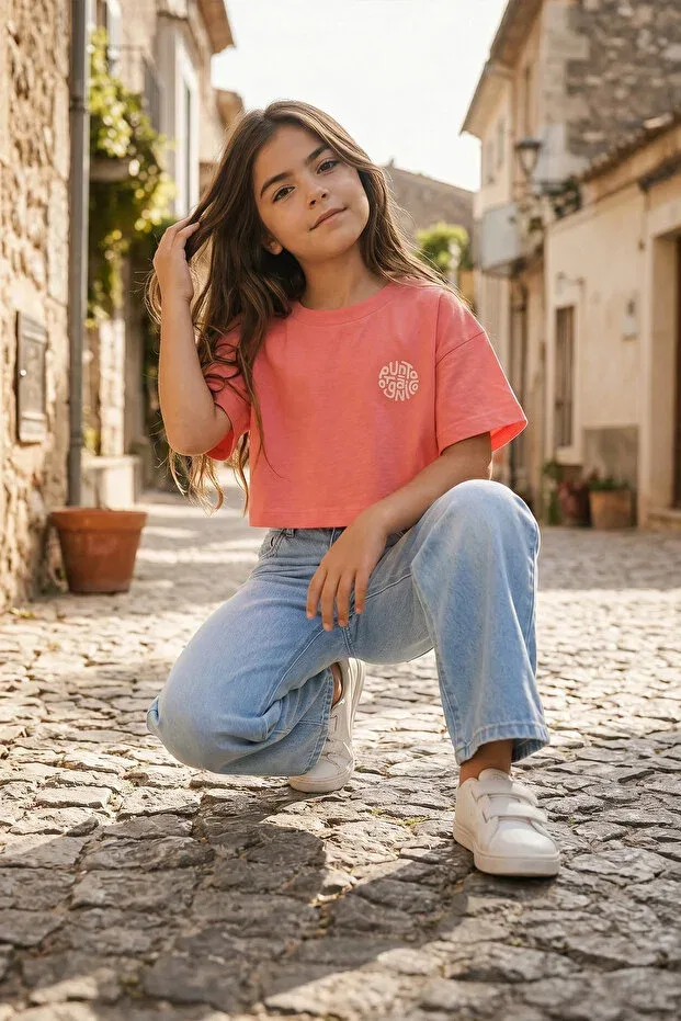 Детская футболка для девочек с принтом Oversize Crop T-Shirt Poozkids, Pink — фото 3