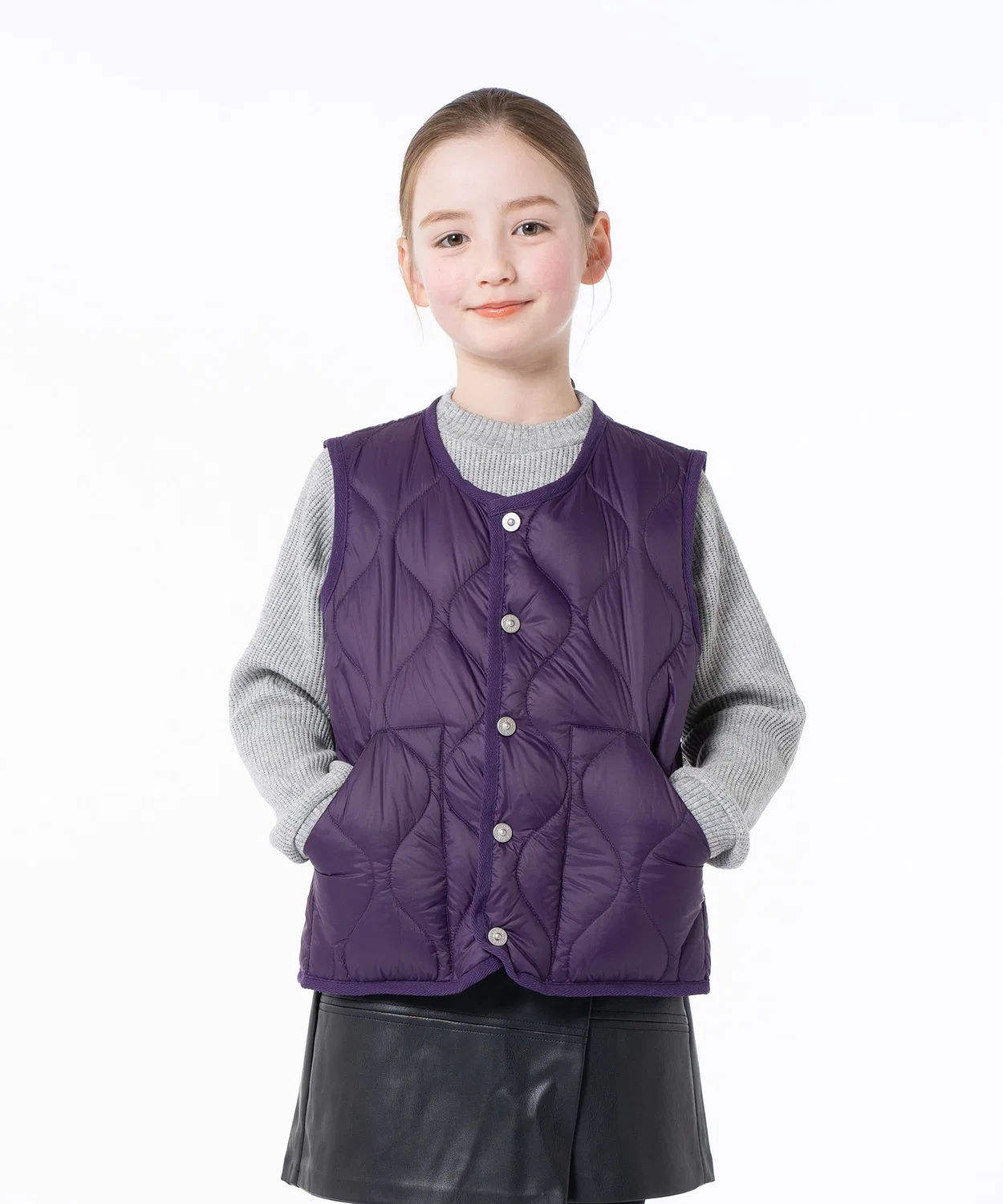 Детский жилет из пуха с воротником-стойкой, модель Military Crewneck Button TAION, Dark Purple