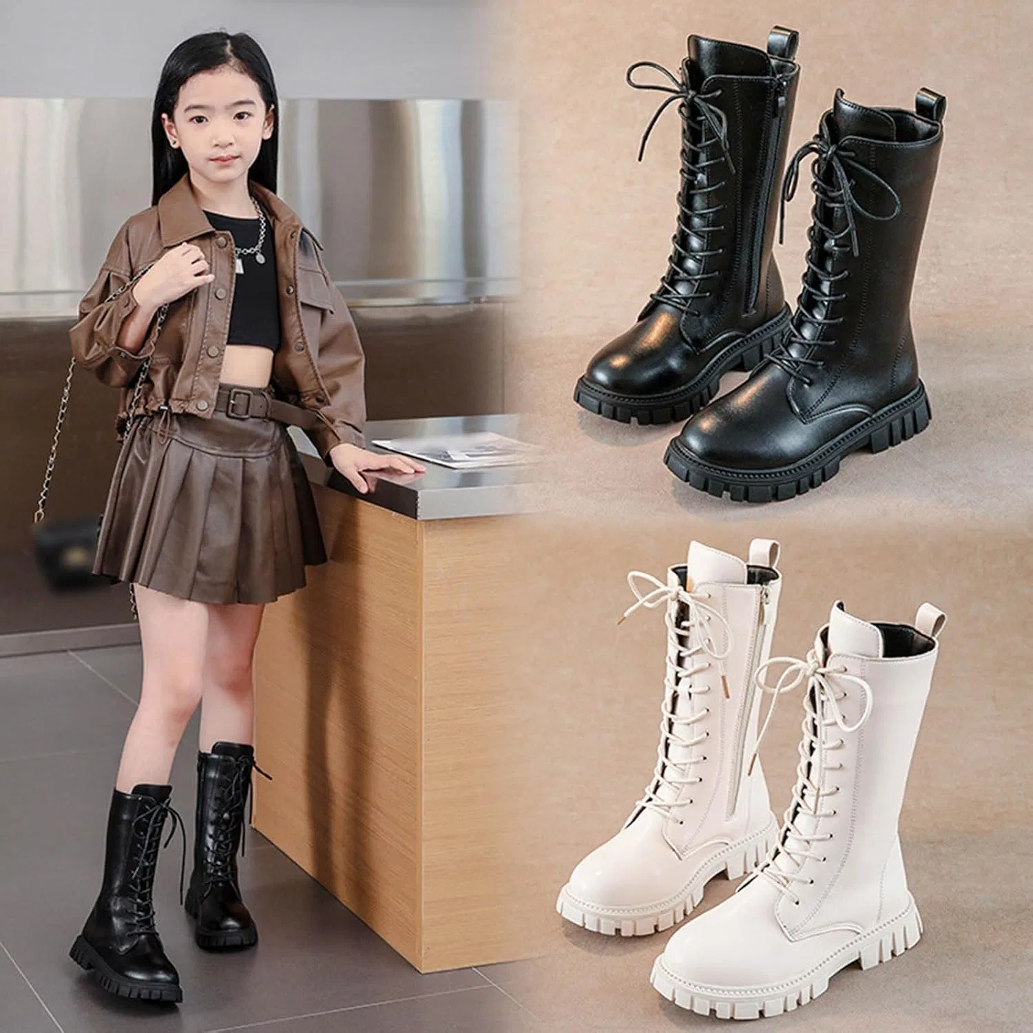 Детские ботинки для девочек с боковой молнией и шнуровкой, модель Girls Mid Calf Combat Boots, White — фото 2