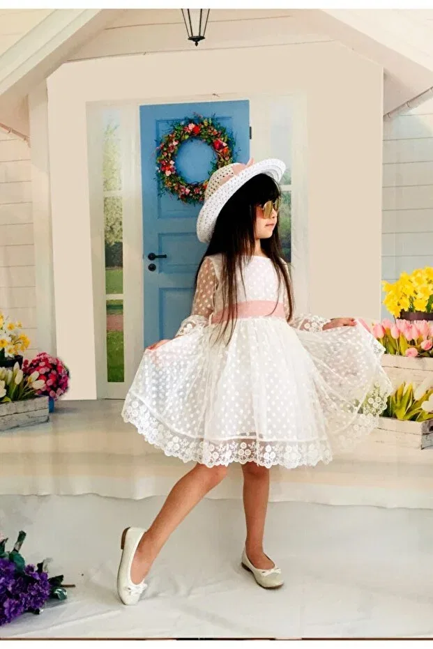 Детское платье для девочек кружевное White-Hat guipure lace princess Mixie, White — фото 3