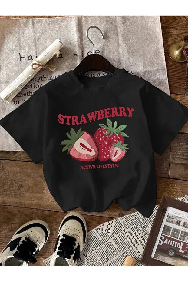 Детская футболка для девочек с принтом Strawberry printed Haha, Black