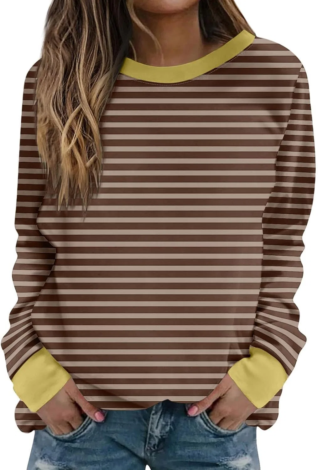 Женский свитшот с длинным рукавом, полосатый, Plus Size, кофейный