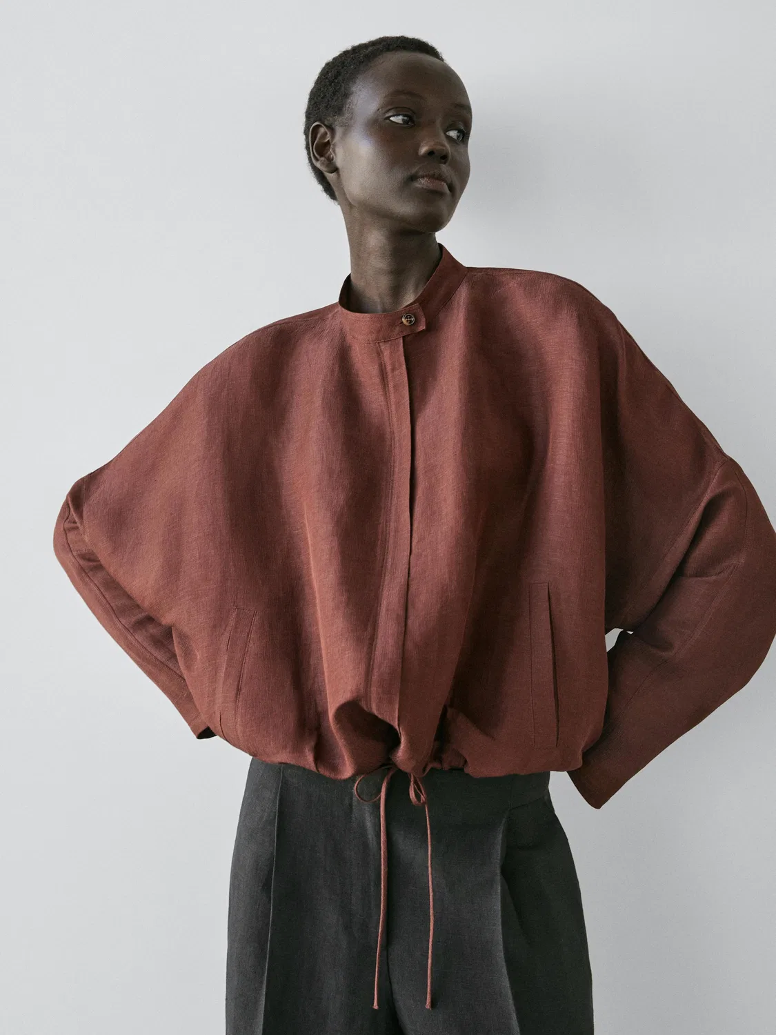 Бомбер из смеси льна Massimo Dutti, коричневый — фото 2