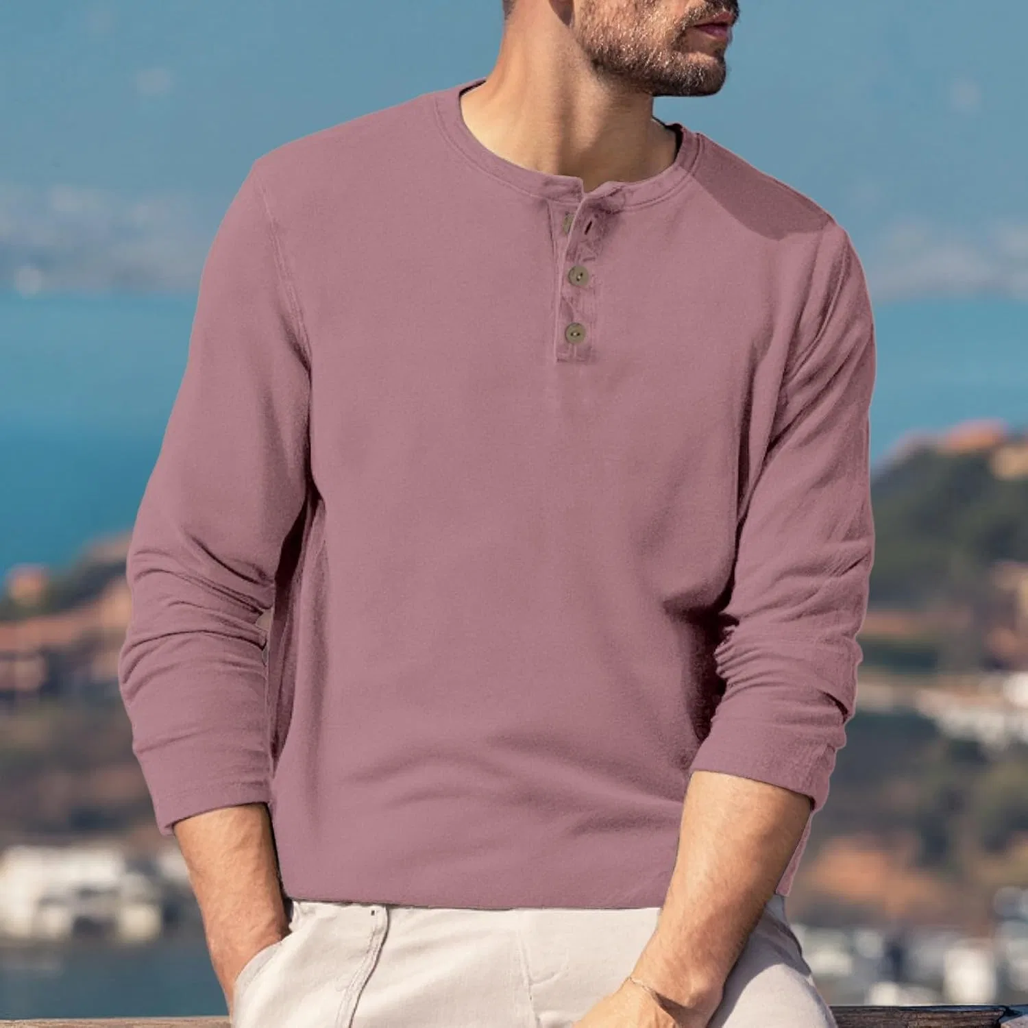 Мужская повседневная футболка с длинным рукавом Henley, Hot Pink — фото 4