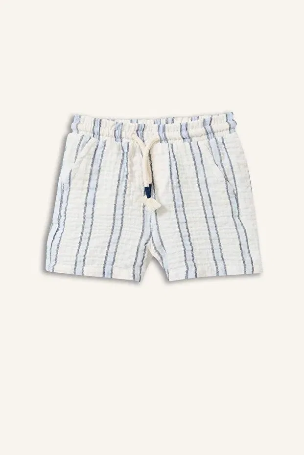 Детские шорты для мальчиков с принтом Elastic Waist Lace-Up Striped Muslin Shorts Defacto, Ecru-Er105
