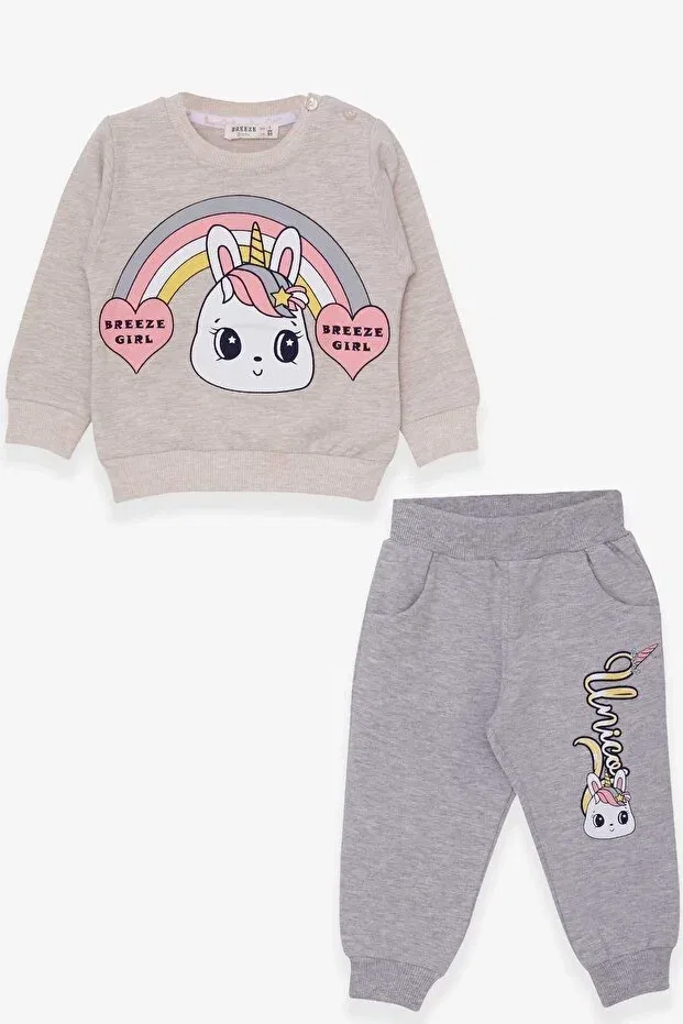 Детский спортивный костюм с принтом Unicorn printed tracksuit set for girls Breeze, Beige Melange