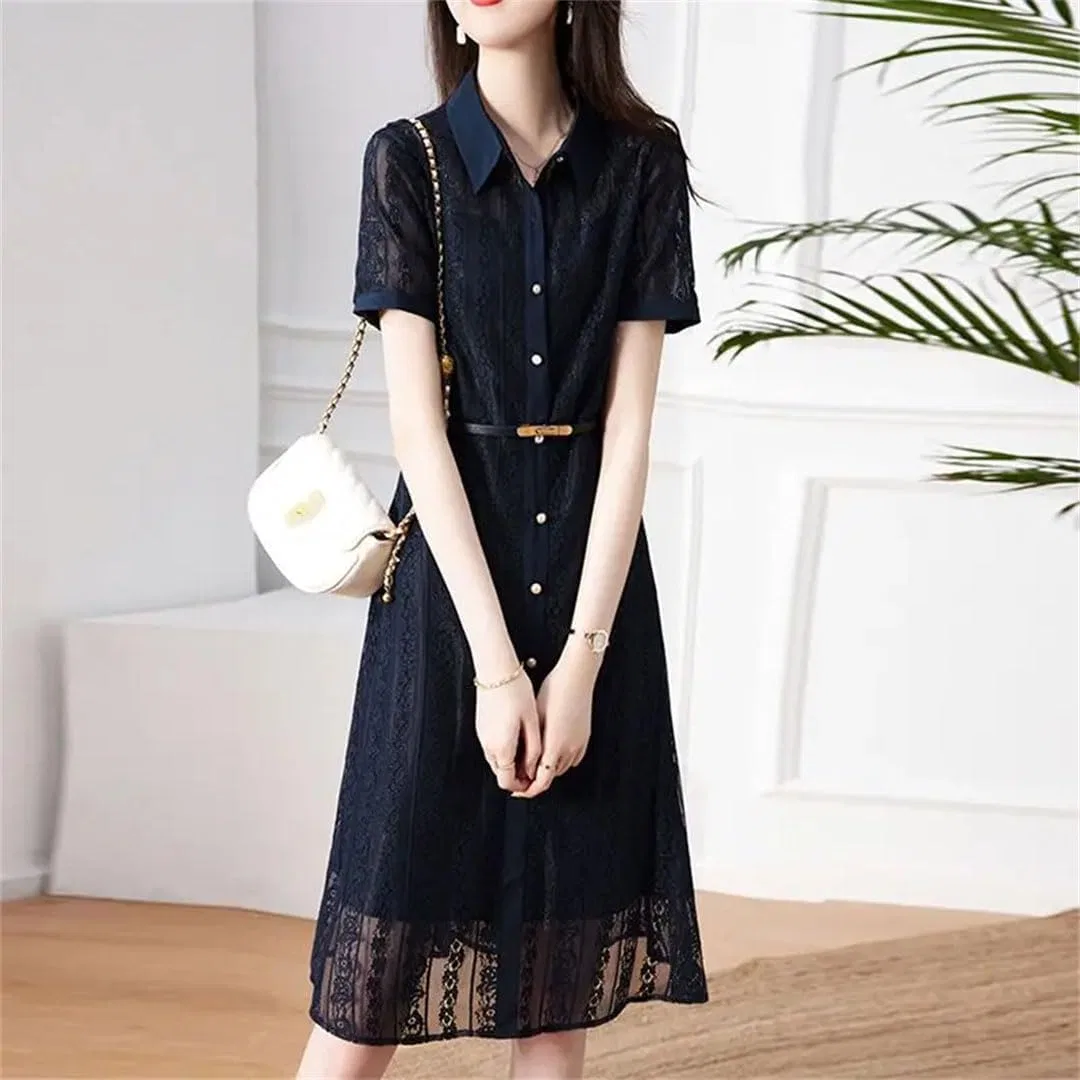 Женское летнее платье миди с кружевным вырезом A-line, Navy Blue — фото 3