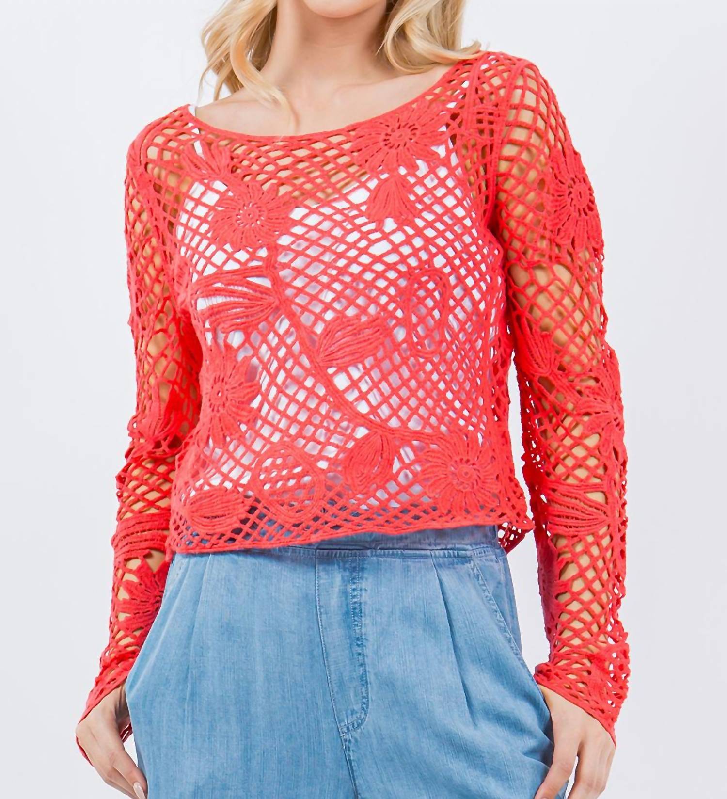 

Вязаный укороченный топ с цветочным узором - без подкладки, цвет папайя PAPARAZZI, Papaya