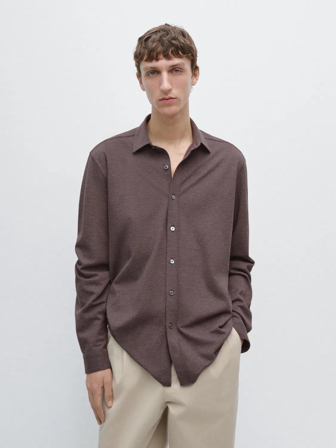Рубашка меланжевого цвета стандартного кроя Massimo Dutti, коричневый — фото 2