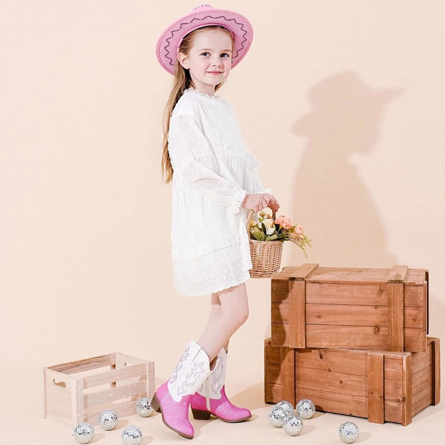Детские сапоги для девочек с принтом Cowboy Boots for Girls Rhinestone Cowgirl Boots Little Big Kid LAURMOSA, Pink White Embroidery — фото 3