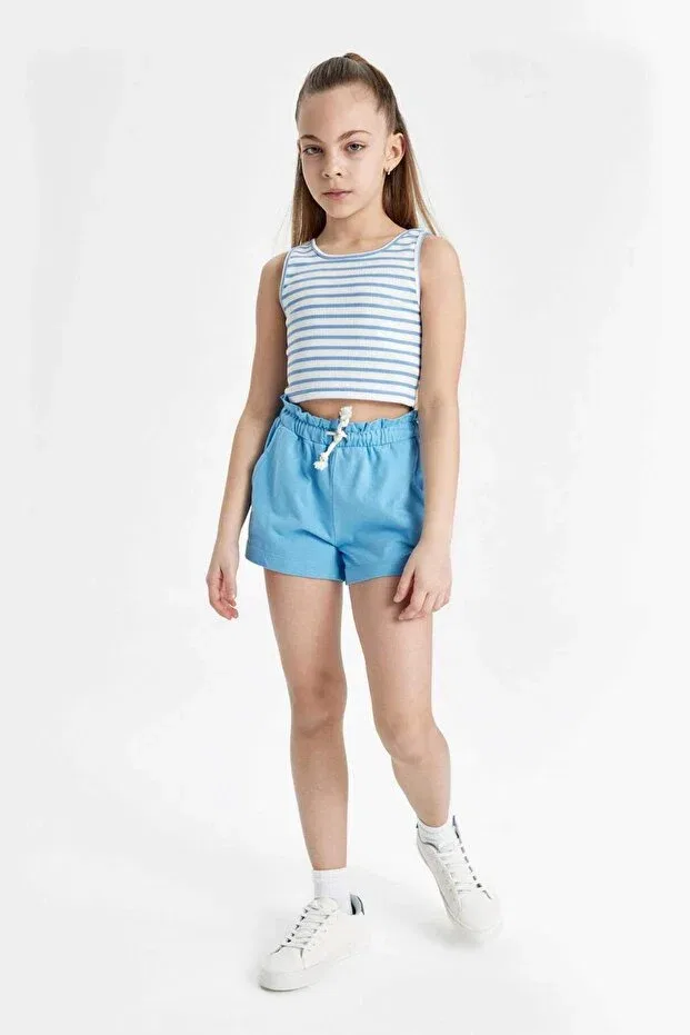 Детские шорты для девочек с принтом Beli Lace-Up Shorts For Girls A2455A824HS Defacto, Blue-Be339