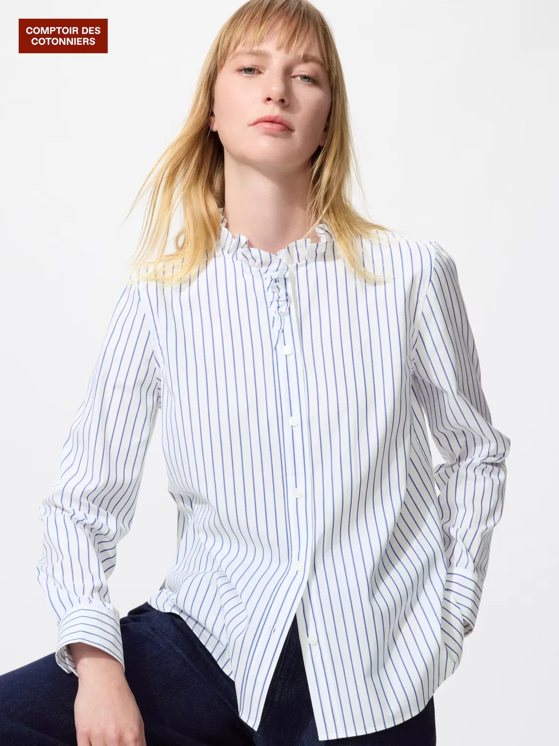 Рубашка Uniqlo, с оборками из смесовой хлопковой ткани, синий
