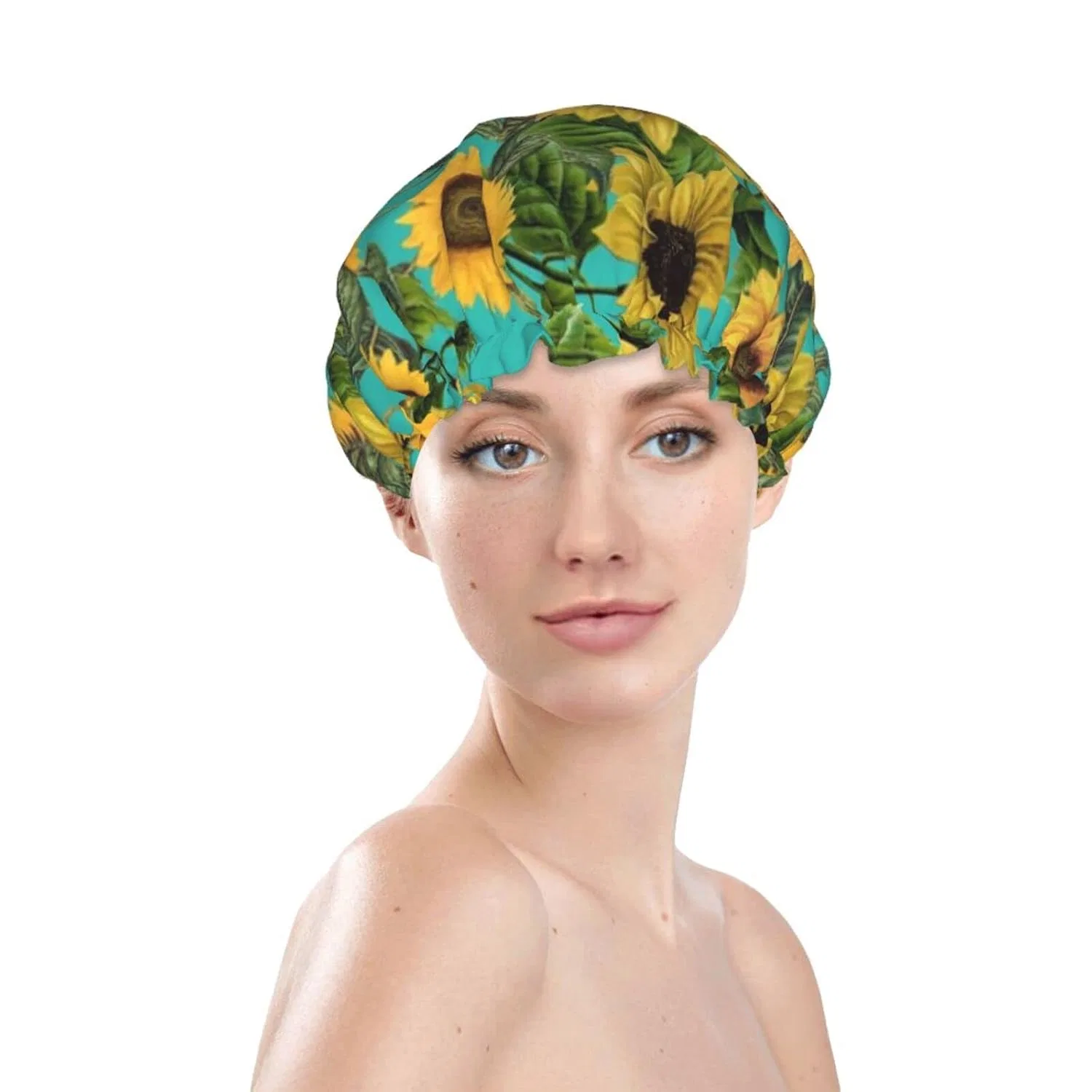Душeвая шапочка Vintage Sunflowers, Oudrspo, двойной водонепроницаемый слой, на сине-зеленом фоне — фото 2
