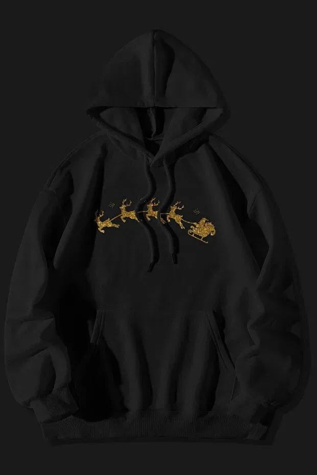 Детское худи для девочек с принтом New Year Golden Santa Claus Design The Baski, Black