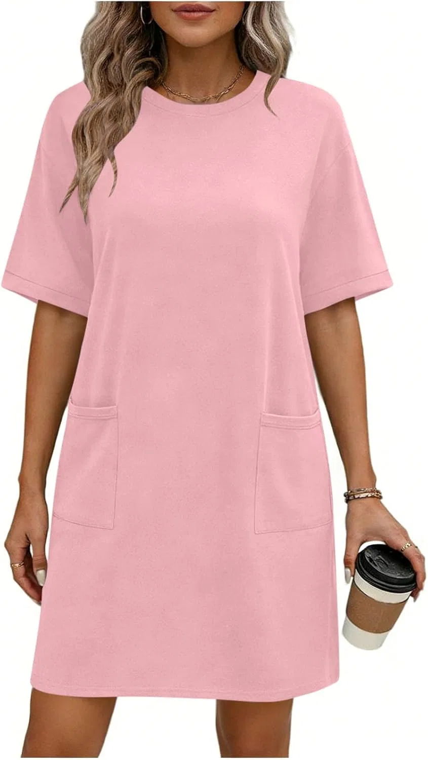 Женское летнее платье свободного кроя с коротким рукавом, Pink