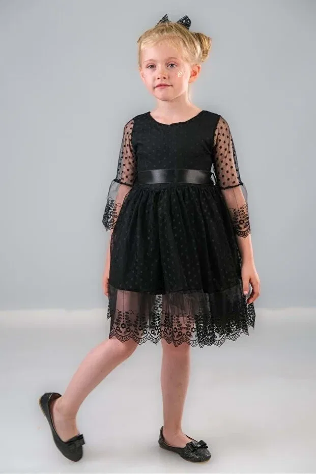 Детское платье для девочек с длинным рукавом Dream luxury lace girls dress 0327 Mnk, Black — фото 3