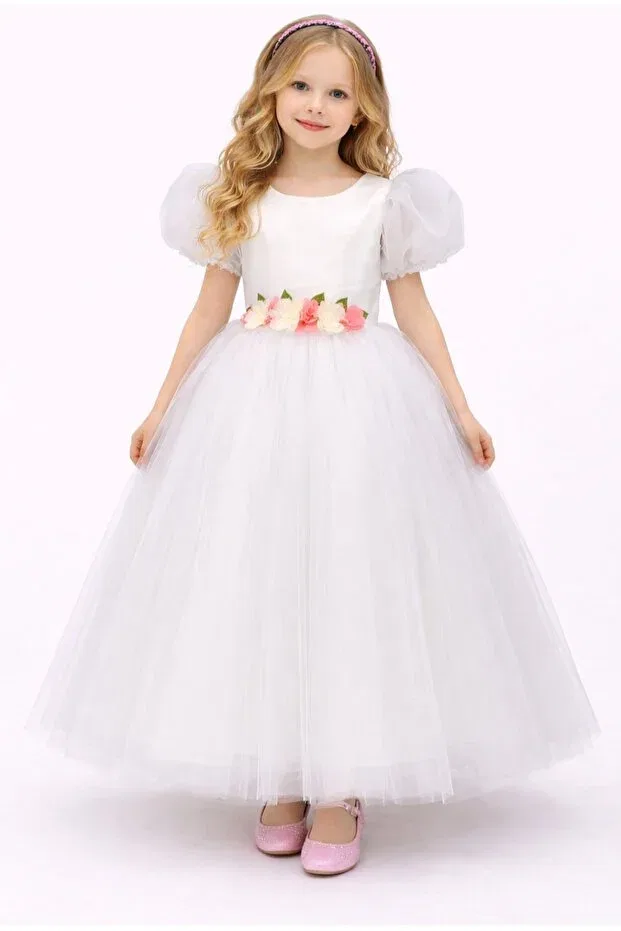 Детское платье для девочек с пышной юбкой White Flower Decorated Ball-Gown Dress Boztaş Bebe, White