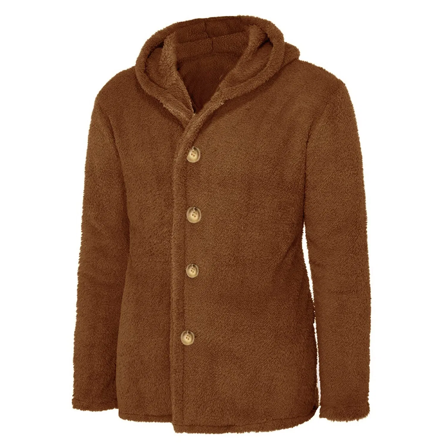 Мужская куртка из флиса с капюшоном, однотонная, с длинным рукавом, Brown — фото 4