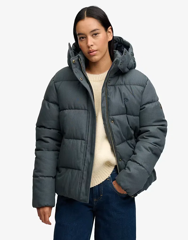 Пуховая куртка Superdry Premium с капюшоном в клетку оливково-синий