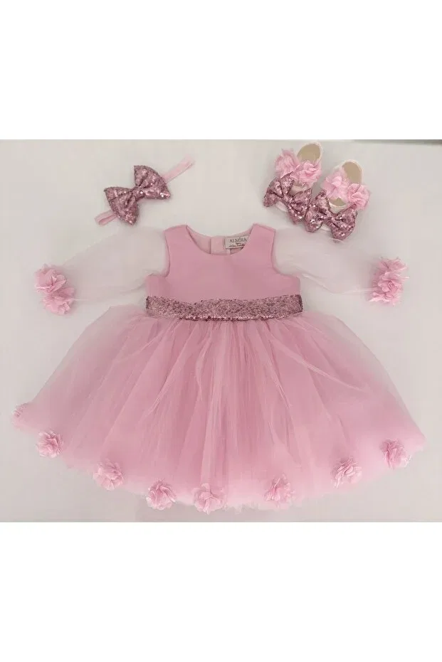 Детский комплект платьев с длинным рукавом Birthday and mawlid dress set Almira Tasarım, Pink