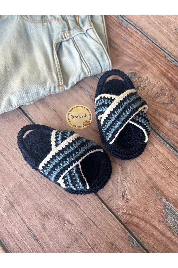Детские сандалии-пинетки для мальчиков вязаные Seraskids, Navy Blue — фото 4