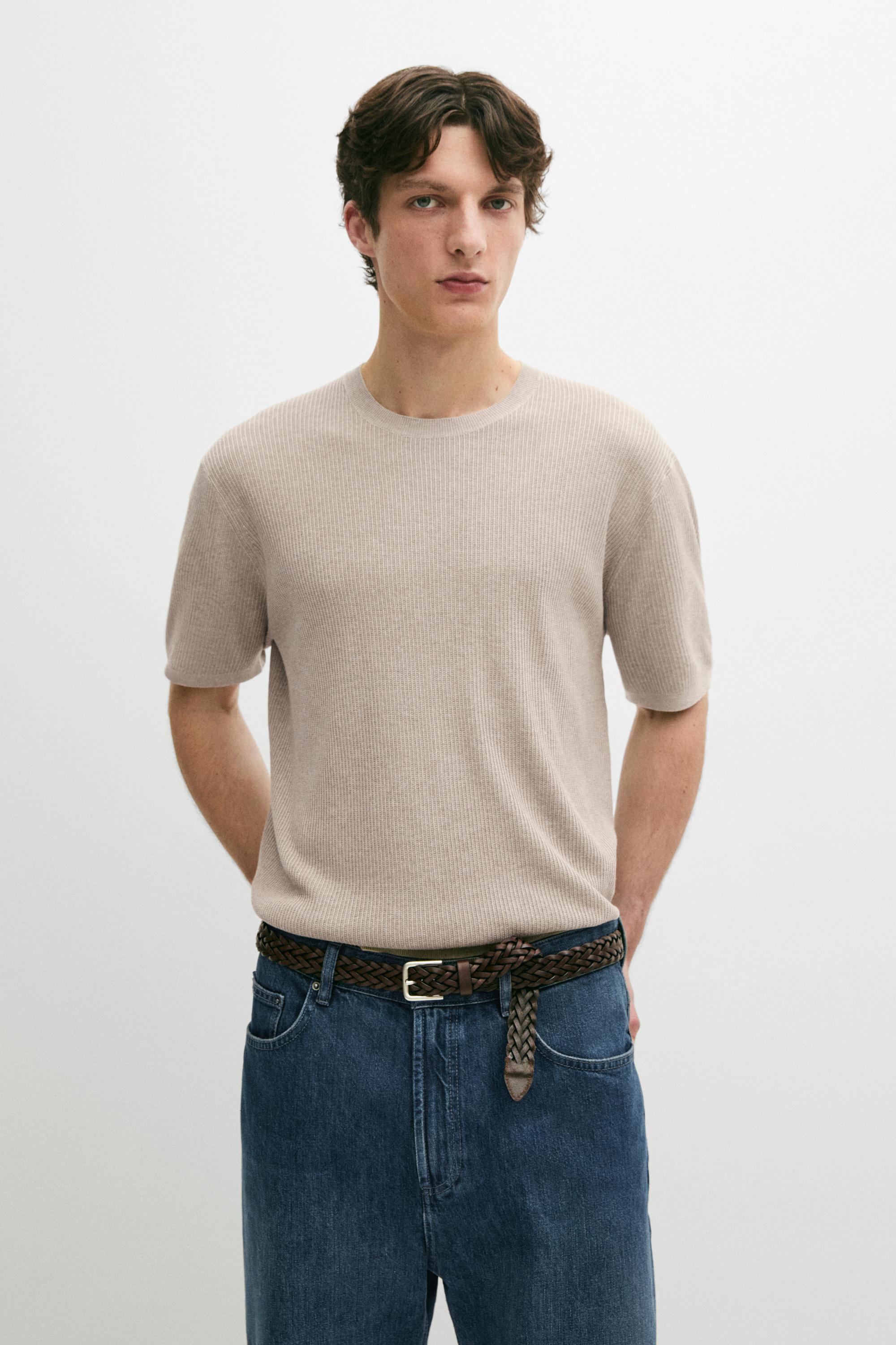 Свитер Massimo Dutti Short Sleeve Knit Cotton Blend, бежевый — фото 3
