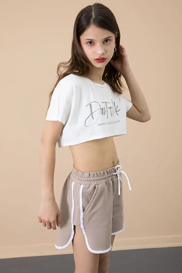 Детские шорты для девочек с принтом Brown Side Slit Flower Printed Cansın Mini, Brown