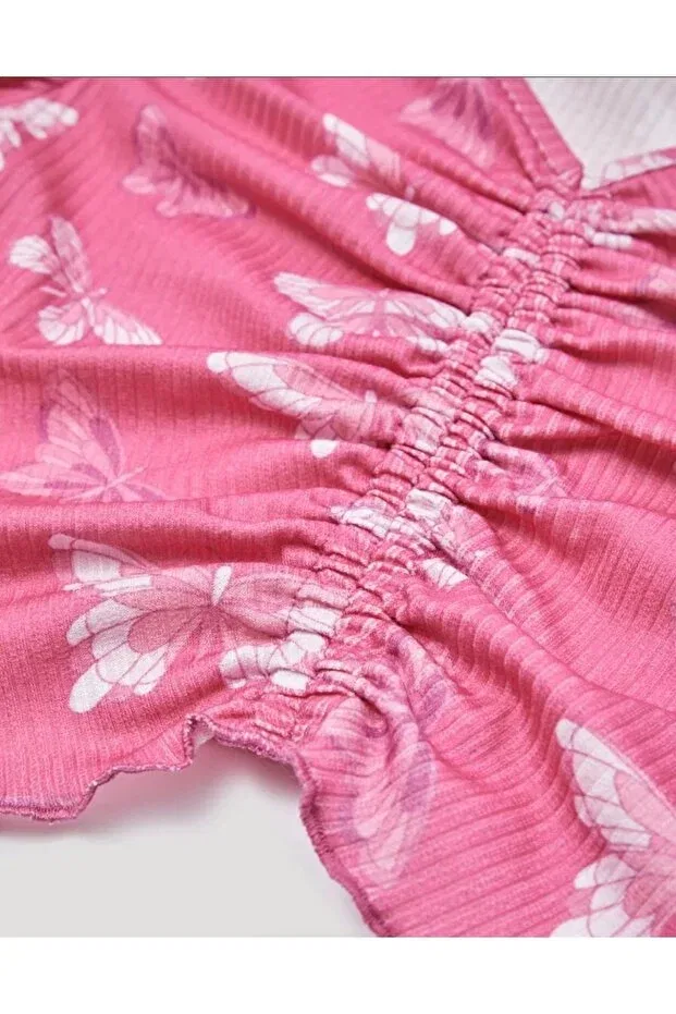 Детский укороченное топ для девочек с принтом Girl'S butterfly print crop, Kübra Tekstil, Pink — фото 2