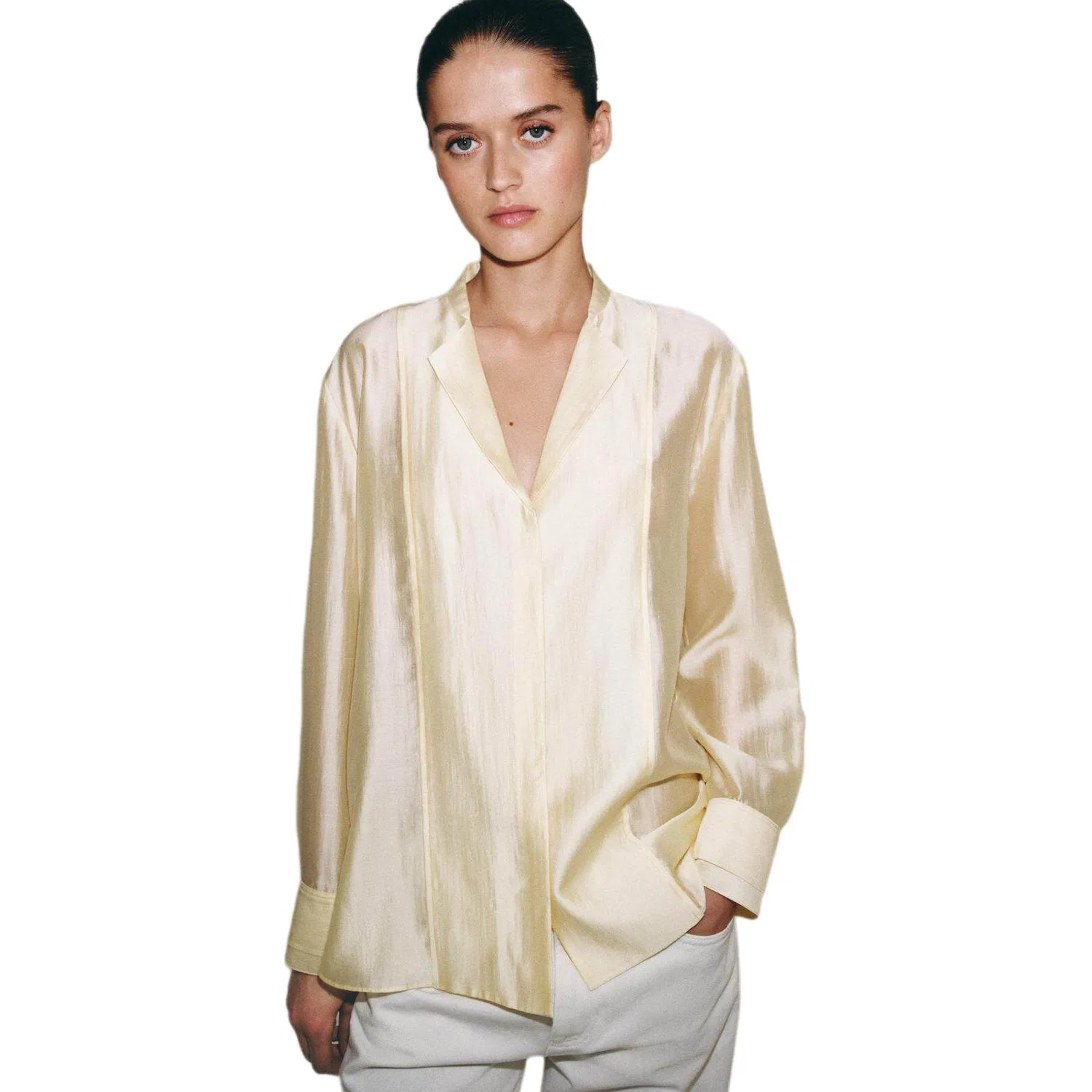 Женская рубашка с V-образным вырезом прямого кроя, Yellow, ZARA — фото 4