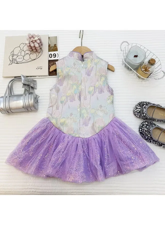 Платье без рукавов с цветочным жаккардовым верхом и фиолетовой юбкой из фатина с пайетками Ayada Home