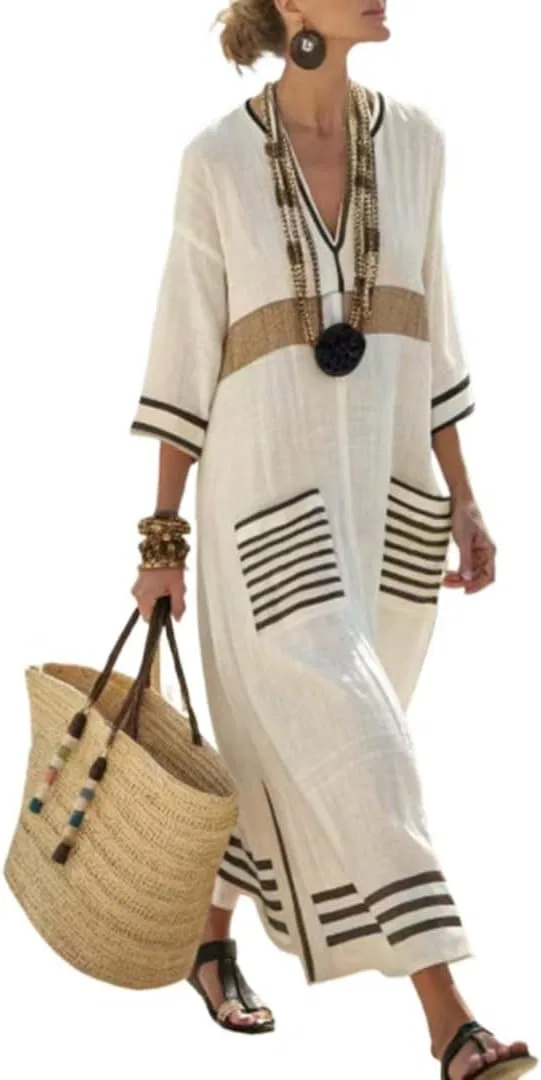 Женское летнее платье в полоску A-силуэта, Brown Striped