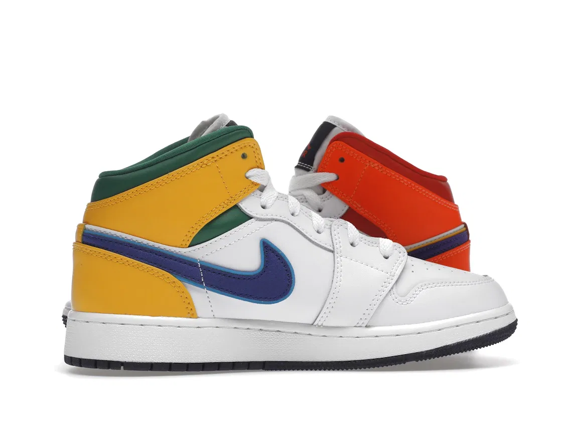 Детские кроссовки с разноцветными акцентами Jordan 1 Mid Alternate Multi-Color Jordan, White/Court Purple-Spirit Teal — фото 3