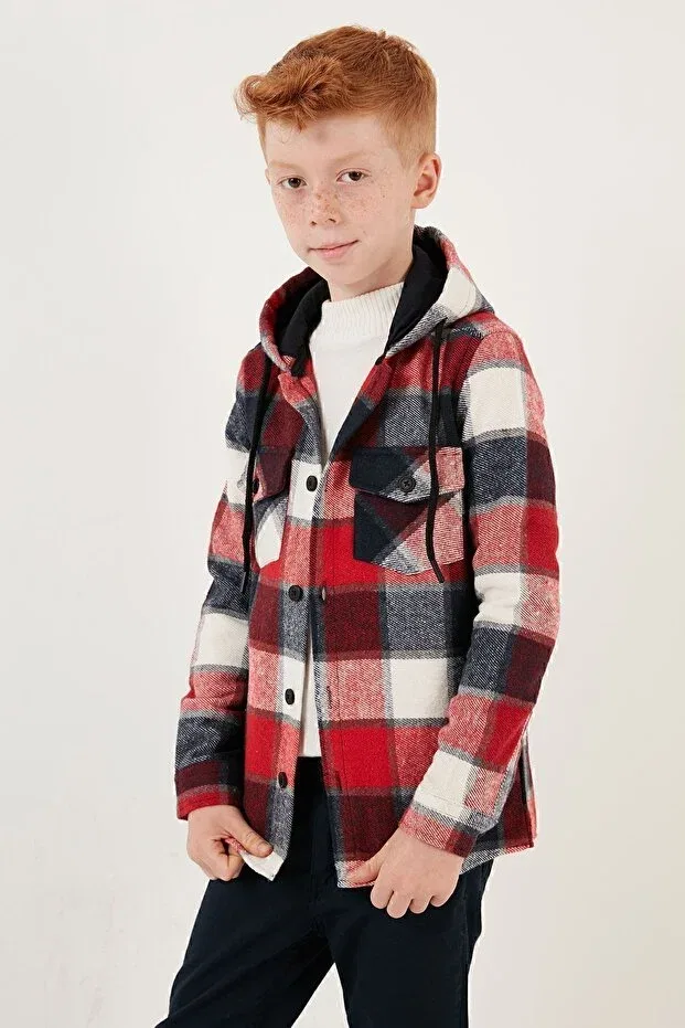 Детская рубашка с капюшоном с принтом Hooded double pocket plaid winter lumberjack shirt boy's shirt cf24w81778 Lela, Red — фото 3
