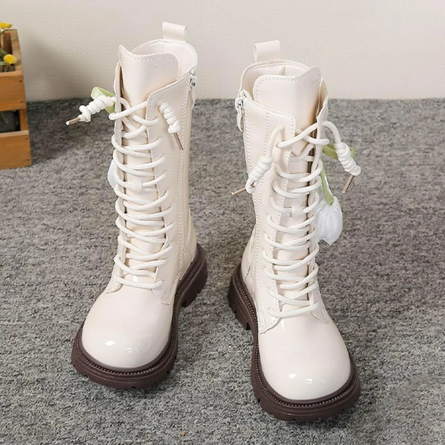 Детские ботинки на шнуровке с боковой молнией для девочек Combat Boots — фото 3