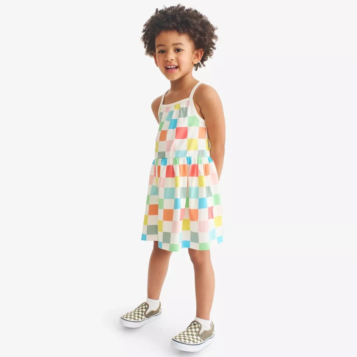 Детское платье для девочек с принтом Picnic Dress Primary, Ivory Rainbow Check — фото 3