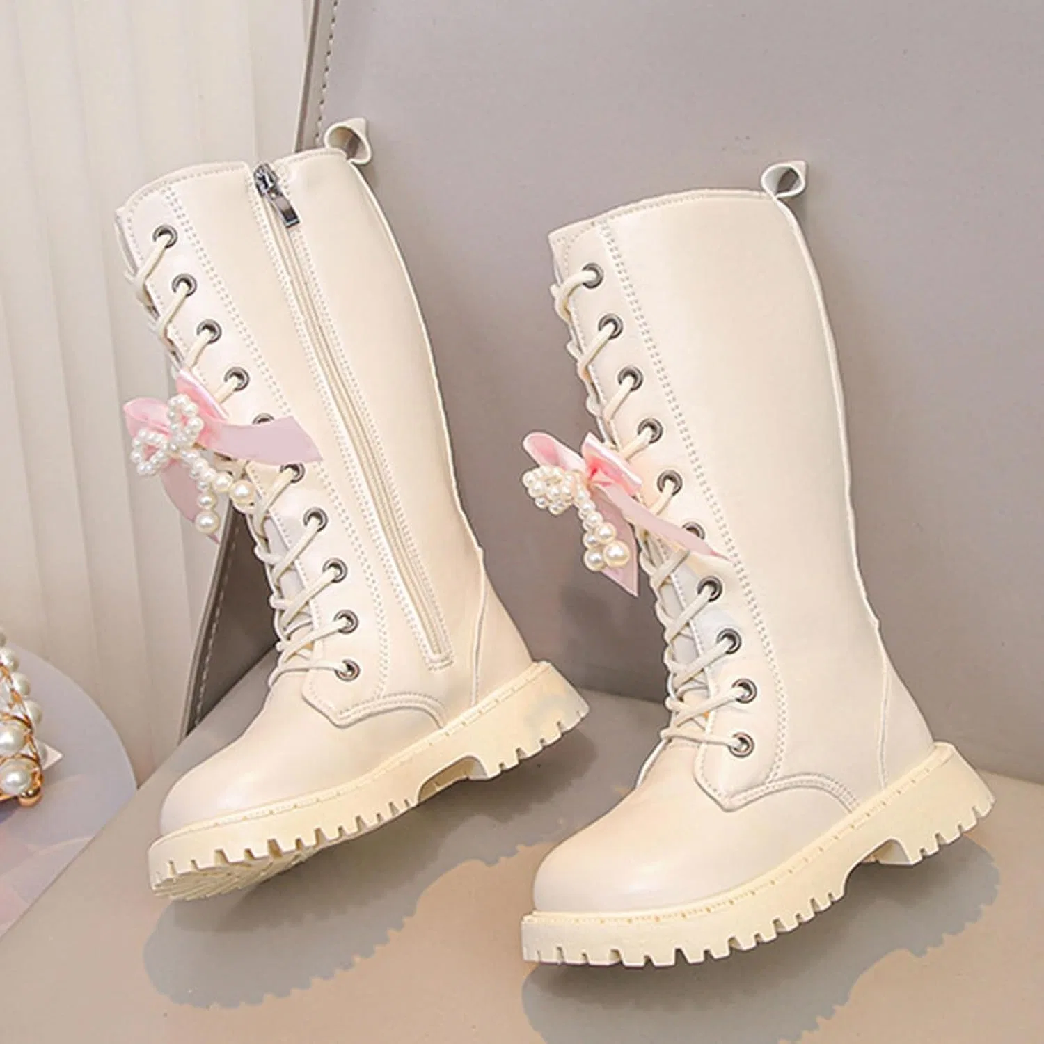 Детские ботинки на шнуровке с молнией, модель Combat Boots, Beige — фото 3