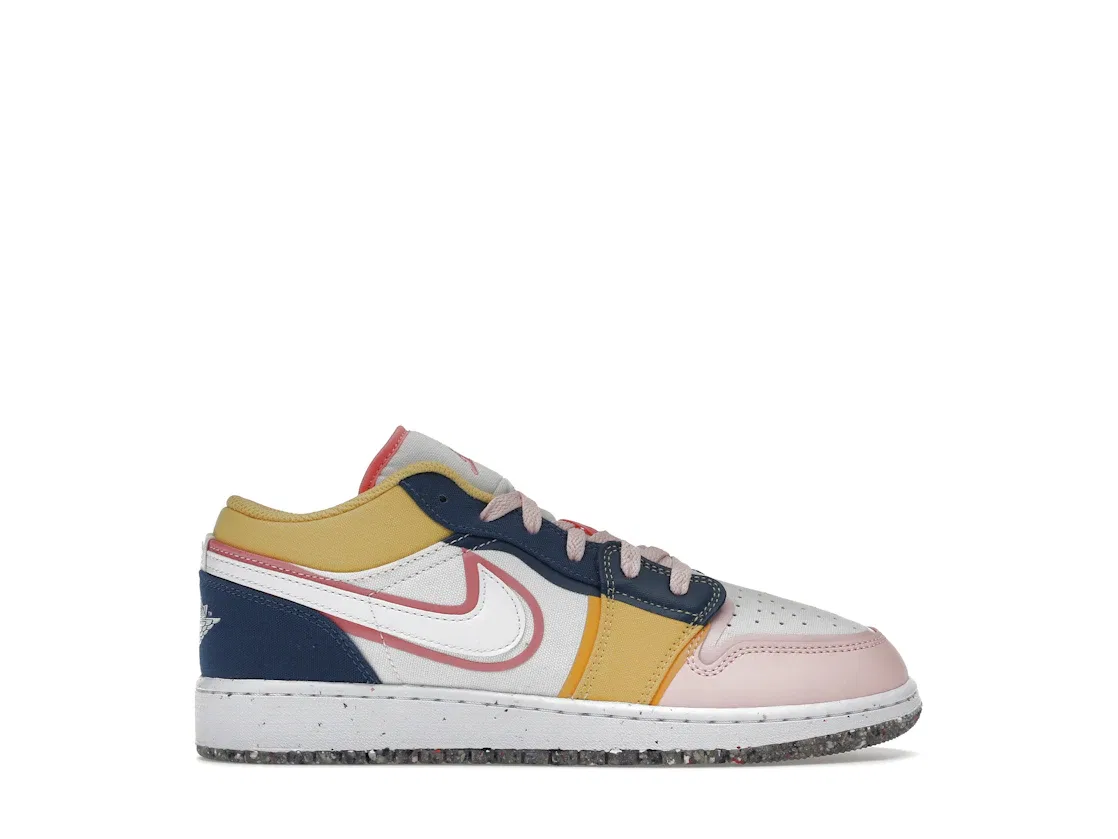 Детские кроссовки с принтом Jordan 1 Low SE Multi Canvas, White/French Blue/Topaz Gold/Coral Chalk