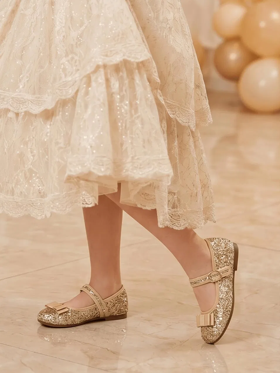 Детские балетки для девочек с бантом Coutgo, Gold Glitter — фото 3